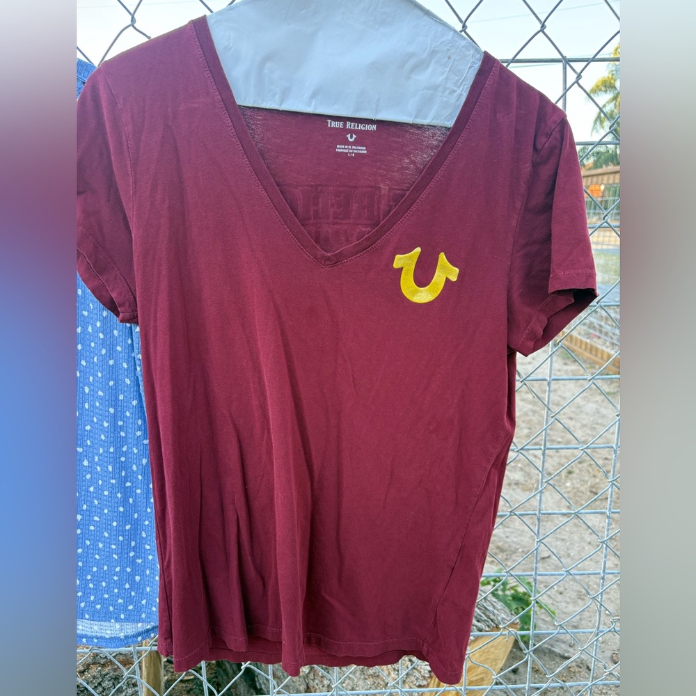 True Religion Burgundy V-Neck Tee with Yellow Logo